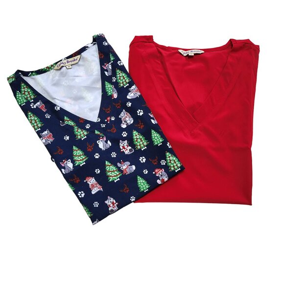 NEW Two Christmas Scrub Tops  Red and Blue with Christmas Tree Cats Dogs Sz M - Picture 1 of 16